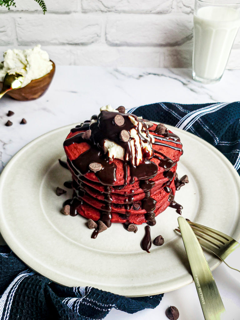 Stack of red velvet pancakes